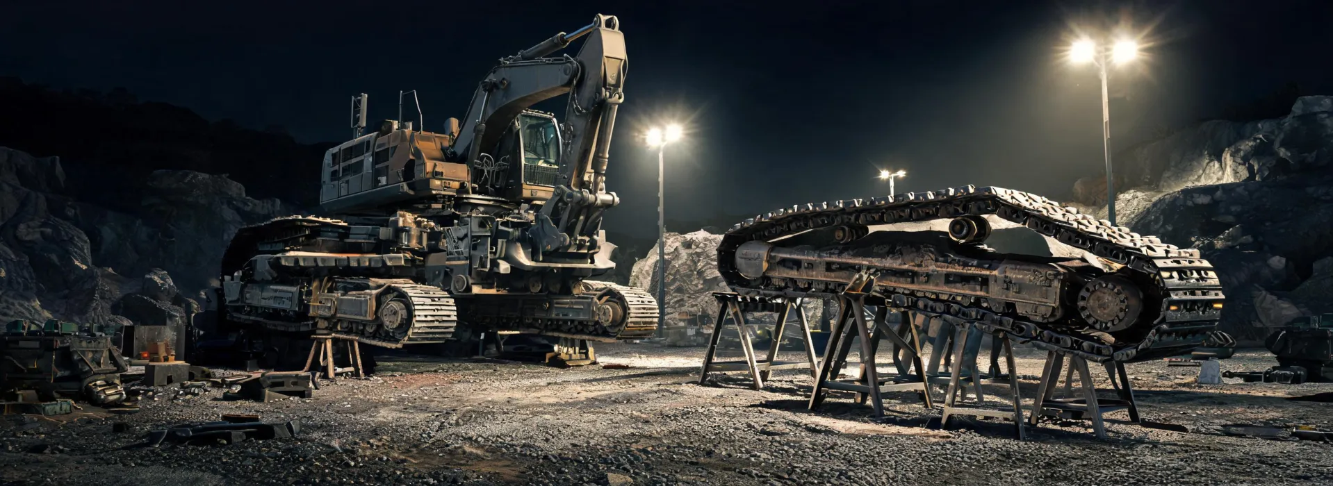 Excavator track rebuild crew at night quarry workshop