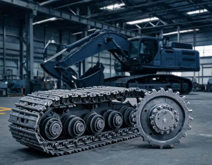 Hensley excavator track chain and roller assembly at quarry workshop