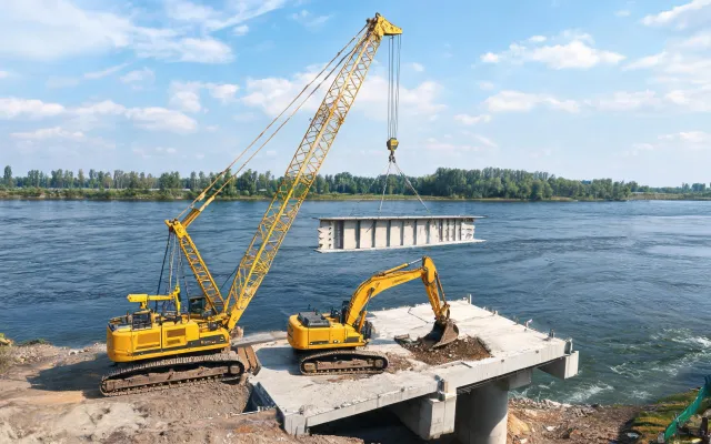 Bridge abutment excavator clearing with crawler crane