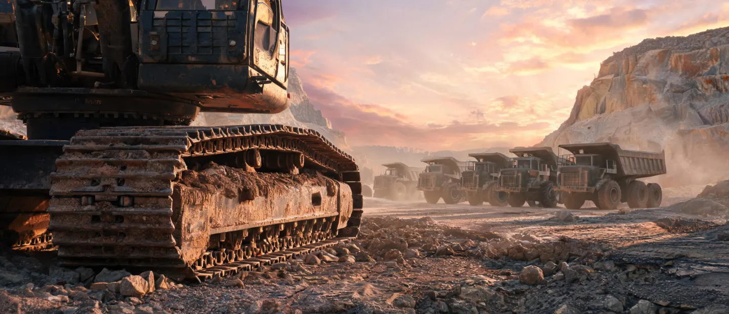 Mass excavation site with excavator tracks and rigid haulers at dusk