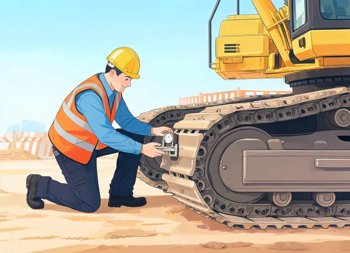 Site supervisor inspecting excavator track shoes with gauge tools